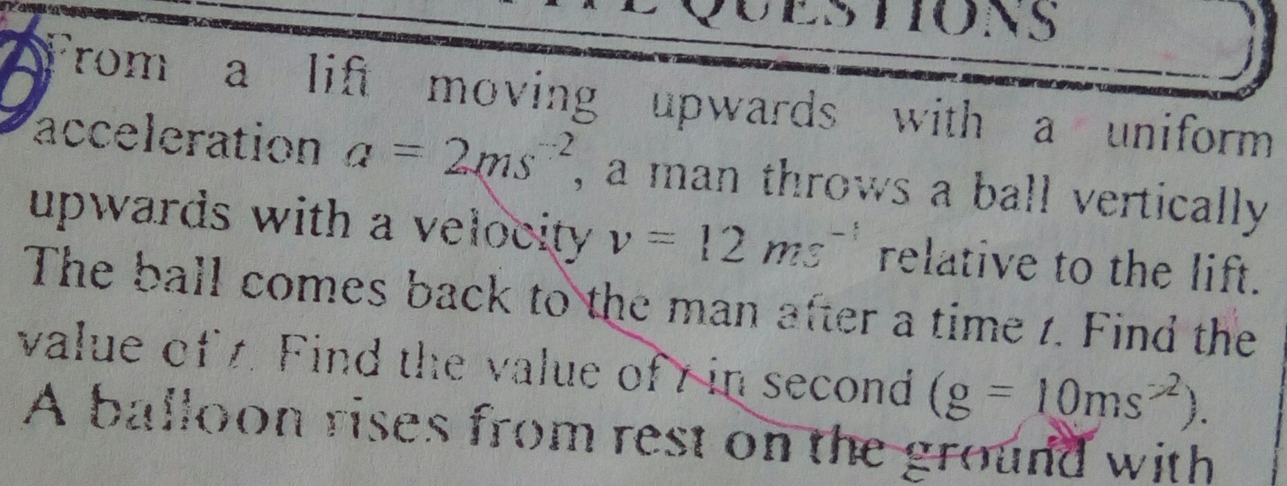 Question image for From a lift moving upward with uniform accelerati